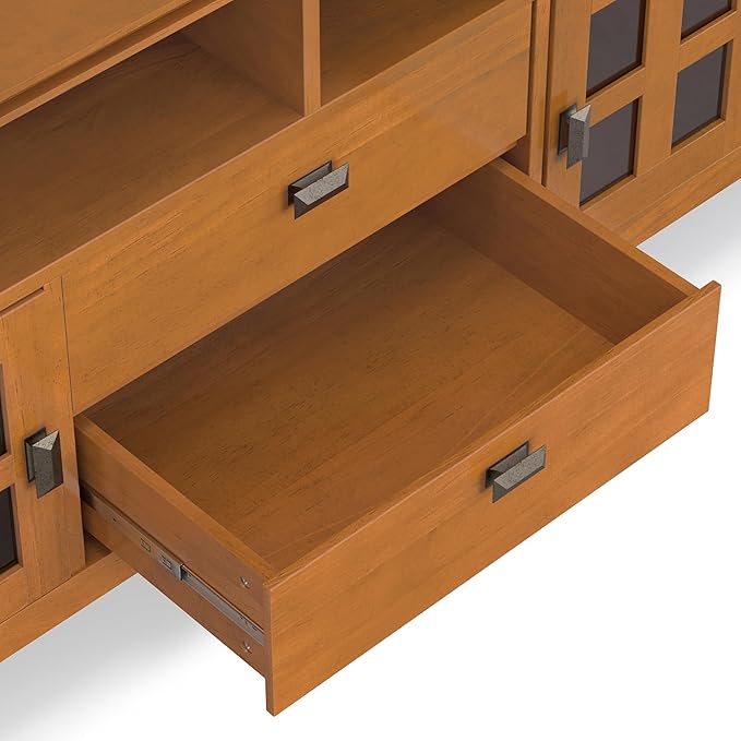 SIMPLIHOME Artisan TV Stand - 72 inch Wide Solid Wood Media Console in Honey Brown, Contemporary Entertainment Center for Living Room for TVs up to 80 Inches with Glass Cabinets and Cable Management