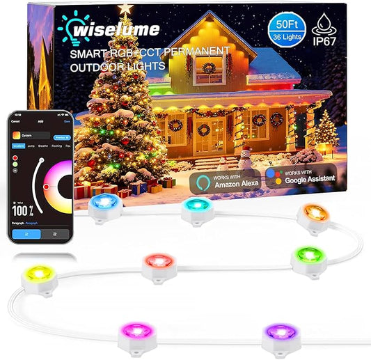 50FT Permanent Outdoor Light with 36 LED Lights, Smart RGB Color-Changing Eaves Lights, Waterproof Exterior Lights for House Trim, App Control, Perfect for Christmas,Holidays,Daily Lighting