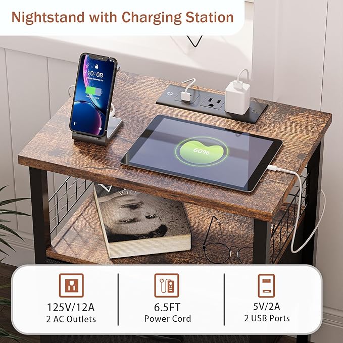 Night Stand Set 2 with Charging Station, End Table Set of 2 with 20 Colors LED Light Strip, 3 Fabric Drawers, Bedside Table with USB Ports and Outlets for Bedroom (Rustic Brown)