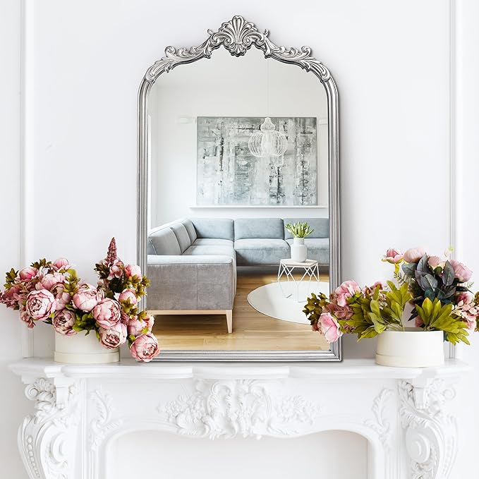 English Estate Carved Arch Wood Wall Mirror, Mirror for Entryway, Living Room, Bathroom, Antique Silver, 20.4x33