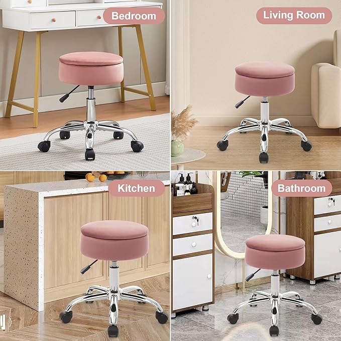 Adjustable Vanity Stool with Storage Rolling Vanity Chair with Wheels Swivel Vanity Stool Chair for Vanity Makeup Stool Pink