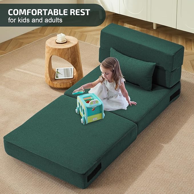 SUYOLS Folding Sofa Bed with Pillow- Convertible Chair Floor Couch & Sleeping Mattress, Foldable Memory Foam Sleeper for Living Room/Dorm/Guest Room/Home Office/Apartment/Loft, Single28, Dark Green