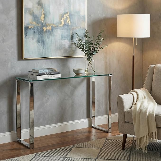 Cortesi Home Remi Contemporary Glass Console Table with Chrome Finish
