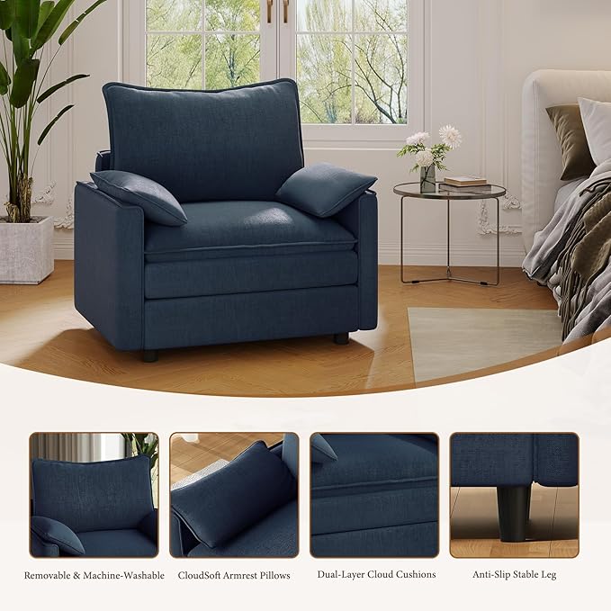 Vesgantti 40" Single Seat Sofa, Comfy Cloud Couch Deep Seat Upholstered Couch Chenille Modern Sofa with Armrest Pillow, Easy Assembly for Living Room, Bedroom and Apartment, Blue | Sink-in Comfort, Height Adjustable, Easy Rearrangement, Extra-deep Otto...