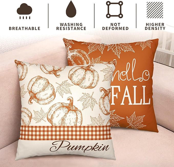 Hello Fall Pumpkin Pillow Covers 18x18 Set of 2 Autumn Maple Leaves Burnt Orange Outdoor Throw Pillows Case Farmhouse Thanksgiving Decorative Cushion Covers for Home Couch Sofa