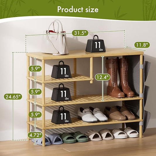 Bamboo Shoe Rack, 4 Tiers Shoe Organizer for Closet, Shoes Storage for 20-24 Pairs, Freestanding Shoe Shelf with Removable Pocket for Entryway Bedroom Front Door Dorm