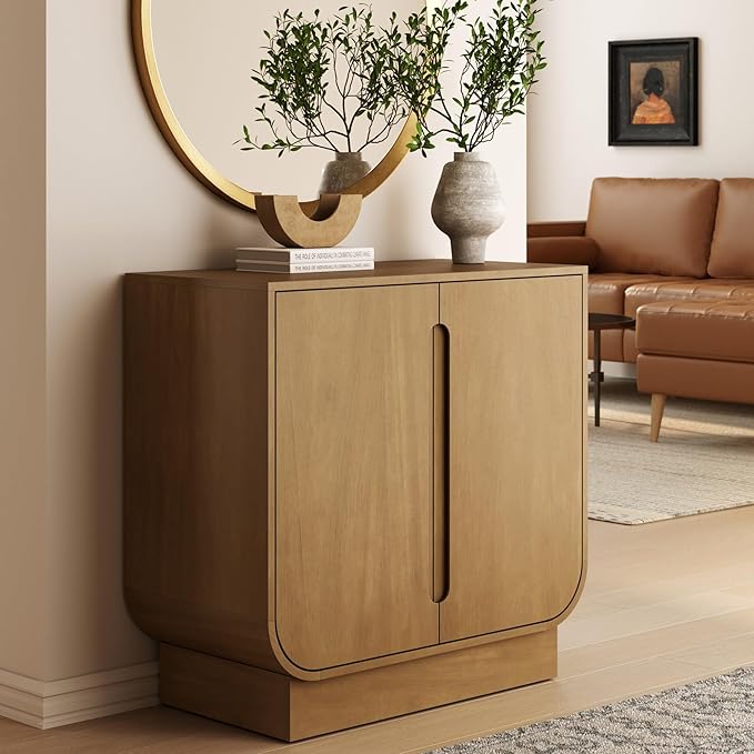 Nathan James Joey Mid Century Modern Storage Cabinet, Arched Accent Cabinet with Rounded Bottom Edges and Integrated Door Pull Cutouts, Light Brown