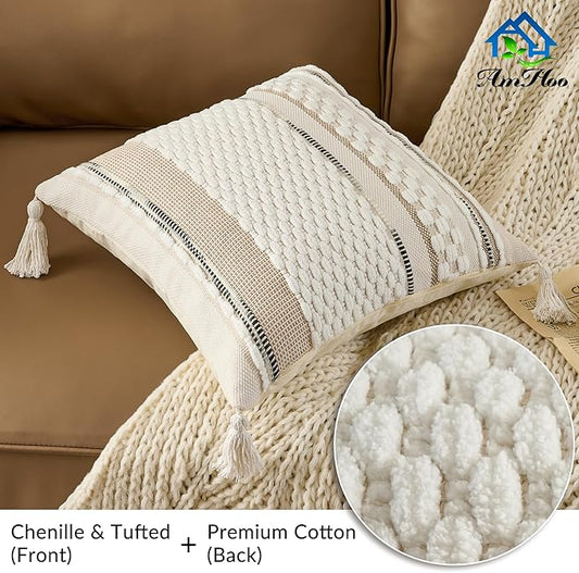 AmHoo Set of 2 Chenille Striped Textured Boho Throw Pillow Covers Aesthetic with Tassels Woven Decorative Pillow Case for Couch Bed Sofa Bedroom Modern Funky 18 x 18-Inch White