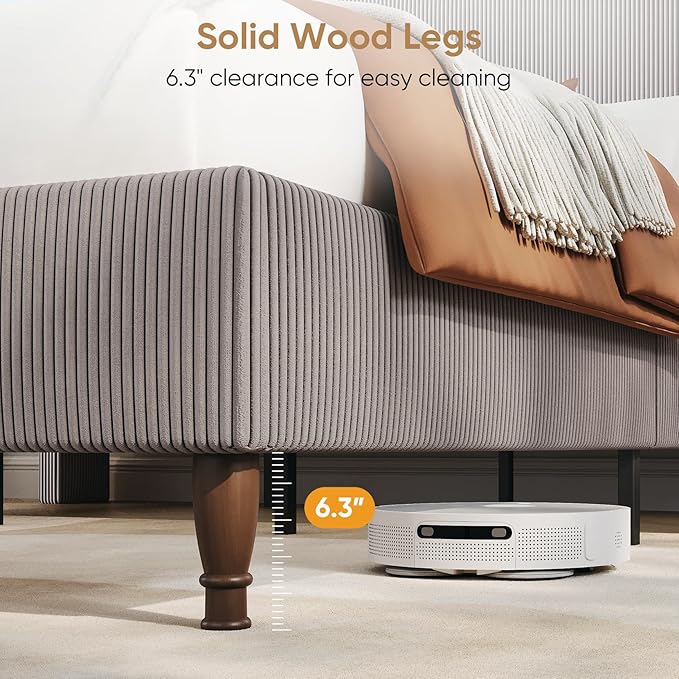 King Bed Frame with 55.3" Tall Headboard, Corduroy Upholstered Platform Bed with LED Lights & Charging Station, Wingback Storage Headboard, Solid Wood Slats,Noise Free,No Box Spring Needed,Gray Brown