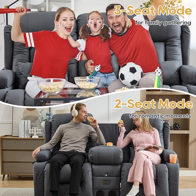 IPKIG Power Recliner Sofa with Flip-Up Backrest Console, USB & USB-C Ports, AC Outlet, LED Lights, Wall Hugger Recliners for Living Room, RV (Light Blue, 67" - 3 Seat) | Leathaire Fabric, Zero Gravity, Dual Reclining, 2 Lumabr Pillow, Bluetooth Speakers