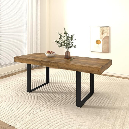 Ball & Cast Expandable Dining Table for 6-10,63-78.7" Transformer Kitchen Table W/Tapered U-Shaped Legs,Farmhouse Rectangular Extendable Dining Room Table for Small Space,Black+Brown