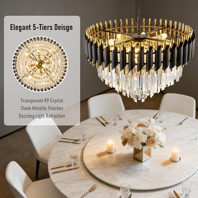24" Modern Black and Gold Crystal Chandelier for Dining Room,5-Tier 10 Lights K9 Crystal Large Pendant Light Chandeliers Luxury Round Ceiling Light Fixture for Living Room Entryway Foyer