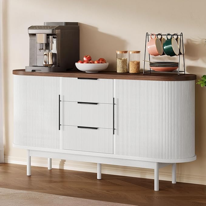 YITAHOME 55'' Fluted Buffet Cabinet with 3 Large Drawers, Fluted Sideboard Buffet Storage Cabinet with Adjustable Shelf & Sliding Door, Modern Coffee Bar for Kitchen, Entryway, White & Brown