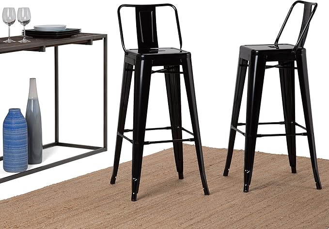 SIMPLIHOME Rayne Bar Stools (Set of 2) - 30 inch Seat Height Industrial Metal Chairs in Black, Urban-Style Seating for Kitchen or Bar with Curved Back, Under-Seat Cross Brace, and Footrest