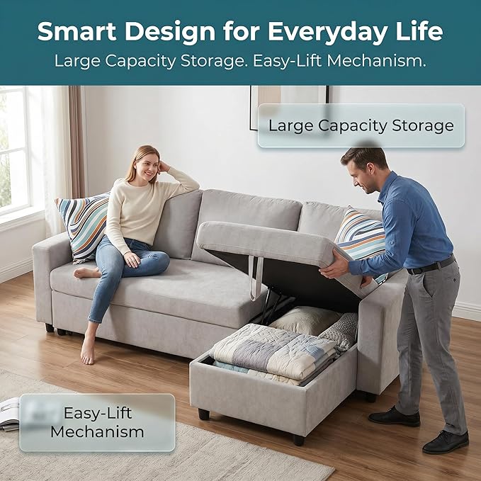 Pull Out Couch, L Shaped Sectional Couch with Pull Out Bed, Convertible Sofa Bed with Storage Chaise, Queen Size Sleeper Sofa, Sofa Bed Couch, Sleeper Sofa with Storage, Gray