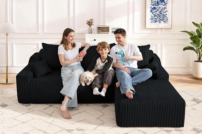 HABUTWAY 94'' Cloud Sectional Couch, Boneless Sofa with Deep Seat, Modular Comfy L-Shape Couch with Chaise for Living Room Bedroom, No Assembly Required(Black,Right Facing Chaise)