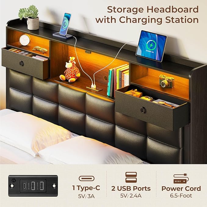 Rolanstar Bed Frame Queen Size with Drawers and Charging Station, Upholstered Platform Bed with Storage Headboard and LED Light, Heavy Duty Metal Frame Support, No Box Spring Needed, Noise Free, Black