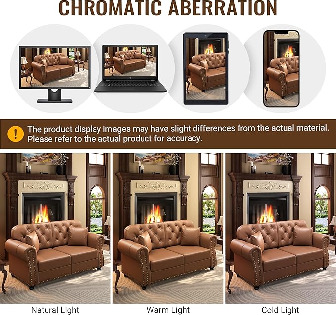 KEIKI 41" Faux Leather Chesterfield Sofa with Rolled Arms & Nailhead Trim, Modern Style 1-Seater Button Tufted Couch with High Resilience Cushion & 1 Pillow, Easy Assembly, for Living Room, Brown