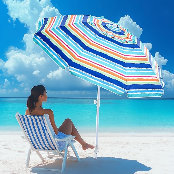 beach umbrella with sand anchor,UPF 50+protection,8 ribs, beach umbrellas for sand portable,with button tilt - multifunctional outdoor sunshade for gardens,courtyards,and beaches.