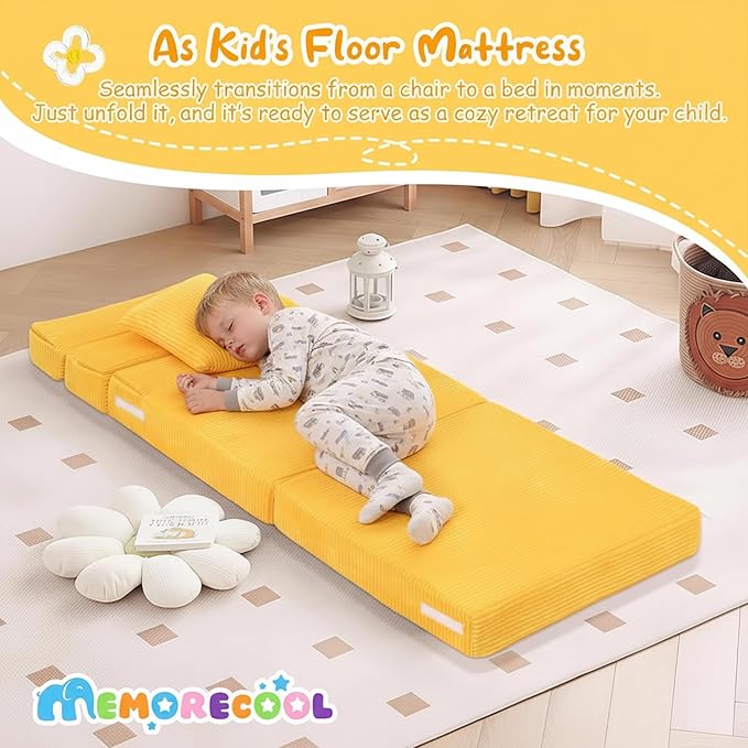 MeMoreCool Folding Sofa for Kids, Corduroy Fold Out Futon Chair, Small Foldable Floor Mattress, Portable Children Couch Sofa, Yellow