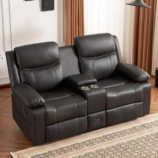 Reclining Loveseat Sofa with Massage & Heat, Recliner Couch, RV Love Seat Chair, Side Pockets, Extra Storage, Cup Holders, Adjustable Headrest & USB Ports for RV, Home Theater, Living Room