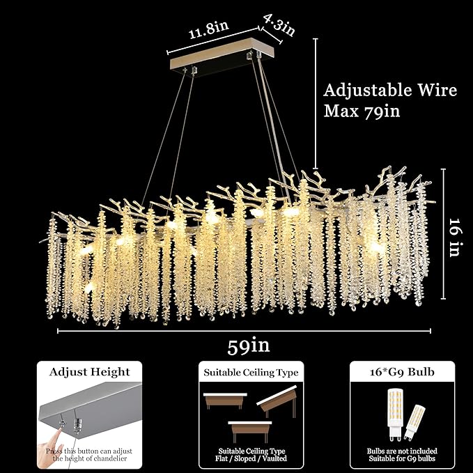 Modern Crystal Tree Branch Chandelier, Chrome Linear Rectangle Art Deco Raindrop Lighting Fixture for Dining Room Living Room Kitchen Island 16 Lights L59''