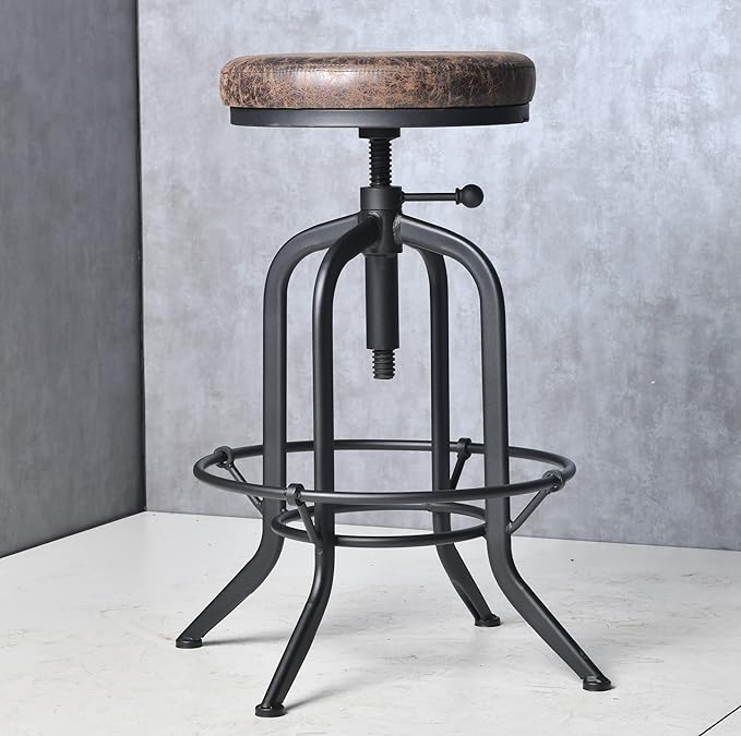 LOKKHAN Industrial Bar Stool, Set of 2, Rustic Swivel Leather Stool, Metal Pipe & Round PU Leather Cushion, Vintage Adjustable Height, 25.39-31.29 Inch, Black