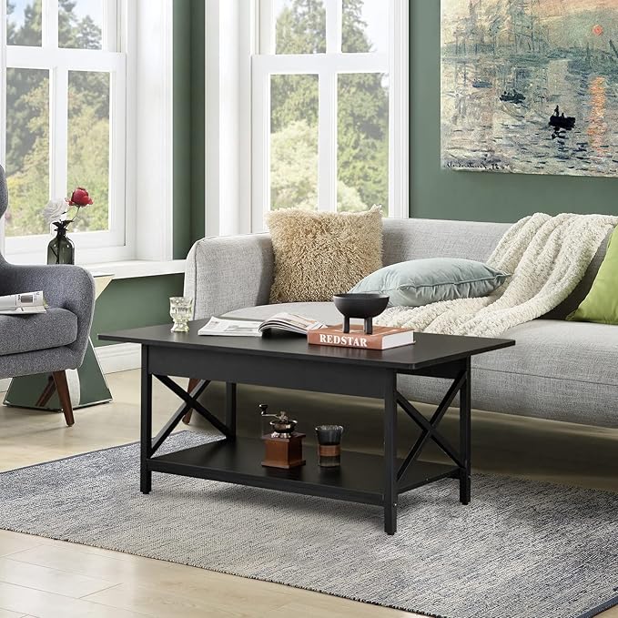 COSTWAY Industrial Coffee Table, 2-Tier Wood Cocktail Tea Table with Storage Shelf and X-Shape Steel Frame, Rectangle Sofa Side Accent Table for Living Room Home Office, Black
