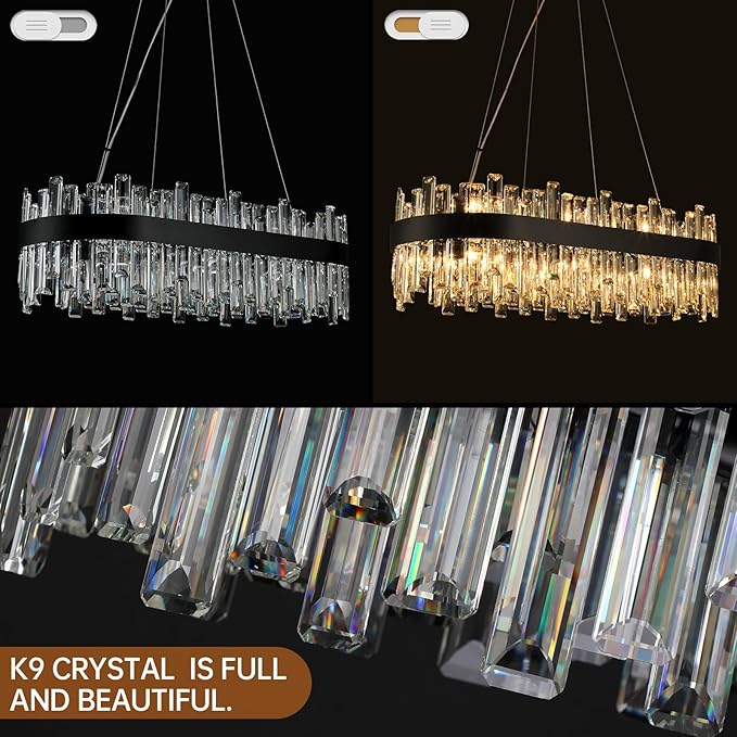 Black Crystal Chandeliers for Dining Room Lights Fixtures Over Table, 16 Lights Modern Rectangle 2-Tier Chandeliers for Kitchen Island Bar L32 Inch
