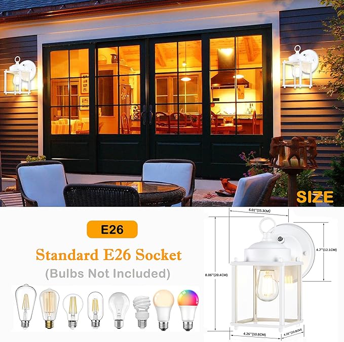 Dusk to Dawn Outdoor Wall Lantern, Exterior Waterproof Sconces Lighting Wall Mount, Front Porch Light, Anti-Rust Metal Outside Light Fixtures with Clear Glass, Matte White, 2-Pack