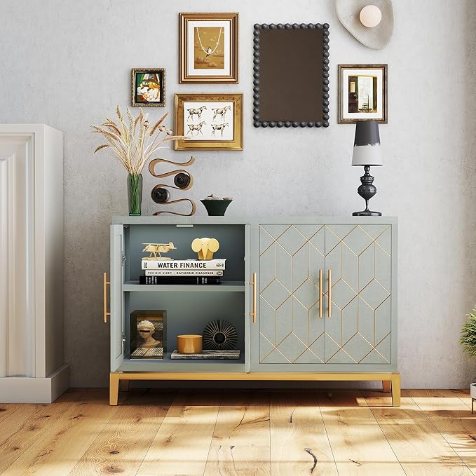 47.8" Accent Storage Cabinet with 4 Doors, Modern Sideboard Buffet Cabinet with Gold Lines, Wood Decorative Credenza with Storage for Living Room, Kitchen, Dining Room, Entryway, Green