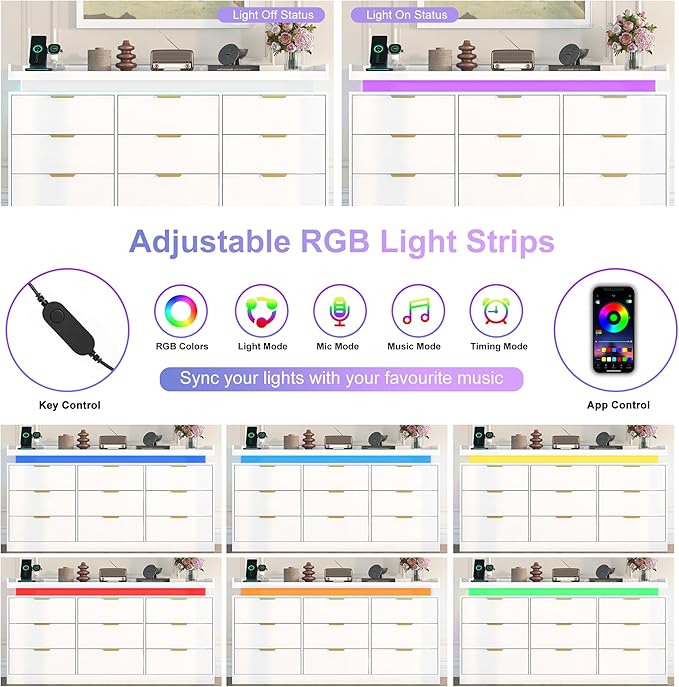 9 Drawer Dressers for Bedroom, White Dresser with LED Light and Power Outlet, Modern Large Dresser & Chests of Drawers, Wood Triple Wide Dressers for Bedroom, Entryway, Hallway