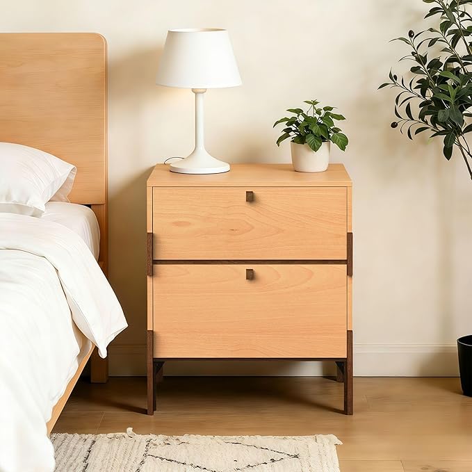 23" Night Stand, Easy Assembly Bedside Table with 2 Storage Drawers, Mid-Century Style Wood End Table for Bedroom, Dormitory, Beech Color (1 pcs)