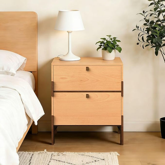 23" Night Stand, Easy Assembly Bedside Table with 2 Storage Drawers, Mid-Century Style Wood End Table for Bedroom, Dormitory, Beech Color (1 pcs)