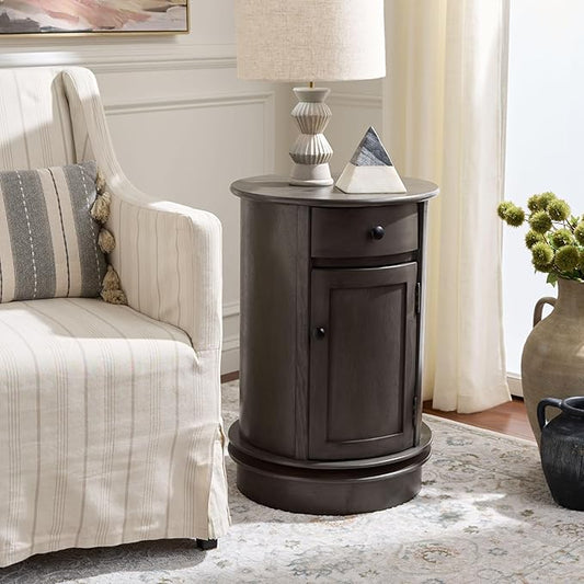 SAFAVIEH Home Collection – Tabitha Black Accent Table, Round Swivel Side Table with 1 Drawer & Interior Cabinet Storage, Classic Pedestal Design, Fully Assembled (AMH5712H)