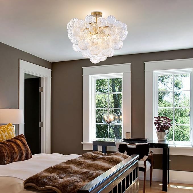 Longree Nordic Bubble Ball Swirled Glass Ceiling Lights Fixture, Dia 24 inch Gild Brass and Clear Blown Glass Small Chandelier for Bedroom Study Bathroom