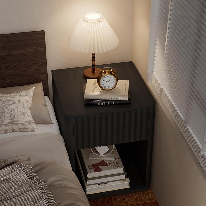 VICITON Fluted Narrow Night Stand,Thin Nightstand with Leather Surface, Small End Table with Storage, Living Room/Bed Side Table for Small Spaces (Dark Gray, Large)