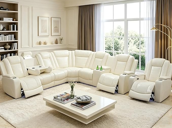 Power Reclining Sectional Sofa Set with LED, Living Room Furniture Sets, Leather Recliner Couch for Living Room/Home Theater, Sectional Couch and Chair with 3 Recliners, USB Port/Hide-Away Storage