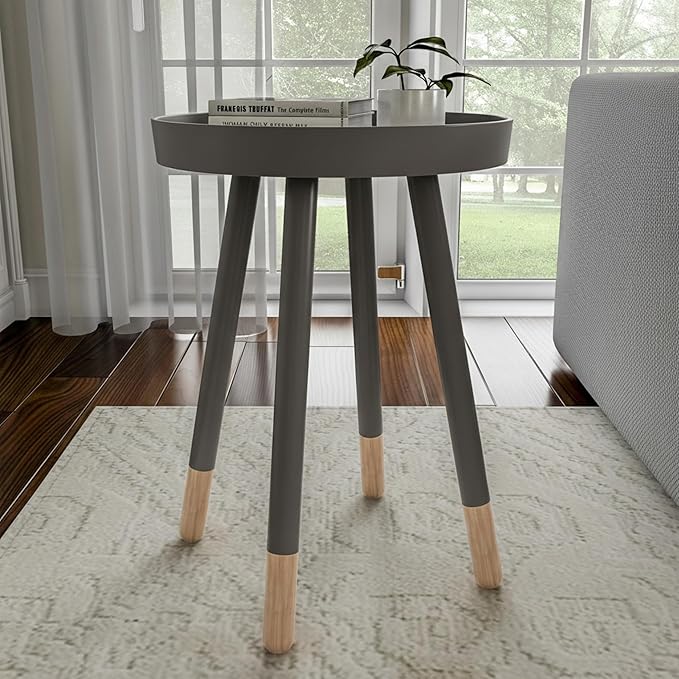 Lavish Home Round End Table - Wooden Mid-Century Modern Side Table with Tray Top and Two-Tone Color - Living Room Furniture (Gray)