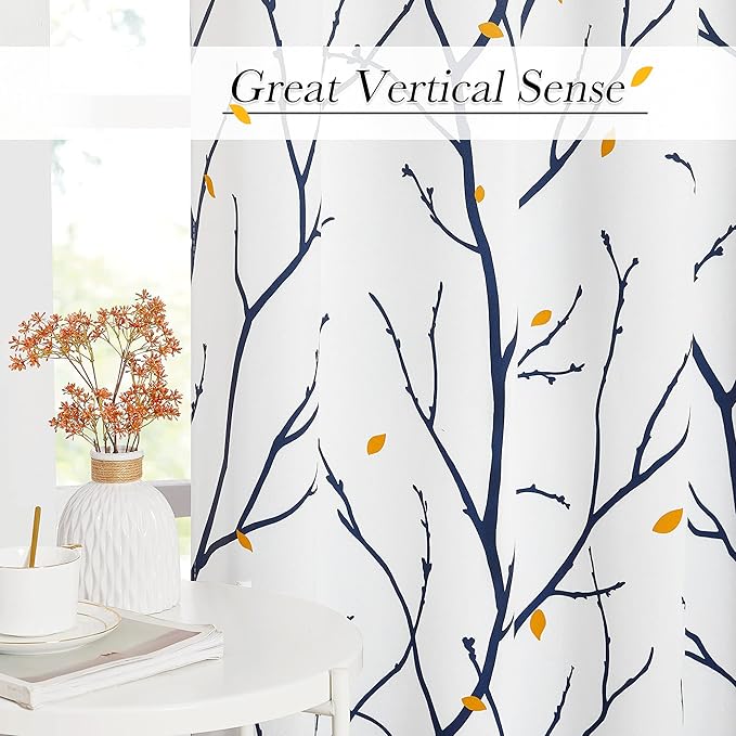 NICETOWN Branch Fall Curtains for Living Room 84 inches Long, Grommet Blackout Light Blocking Thermal Curtains & Drapes Artistic with Flower Petals for Bedroom, Navy Blue, 2 PCs, W52 x L84