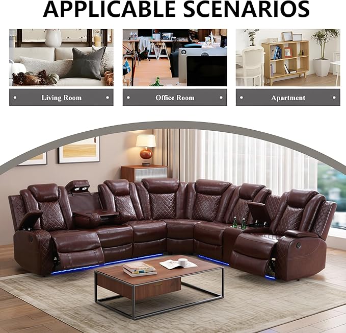 Power Recliner Sectional Sofa with LED, Breathing Leather Reclining Sectional Couch, L Shaped Couch with Dual Recliners, USB Port, Cup Holder&Storage for Living Room (Garnet)