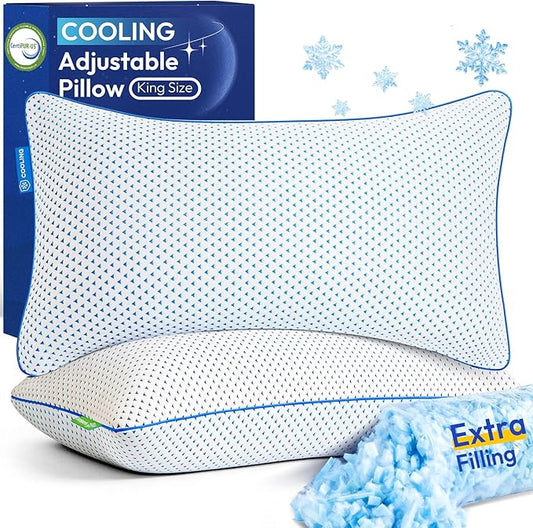Cooling Pillows King Size Set of 2 for Sleeping, Adjustable Shredded Gel Memory Foam Cool Pillows 2 Pack for Side, Back, Hot Sleeper, Mid-Firm for Neck Pain Relief,Washable Removable Cover,CertiPUR-US