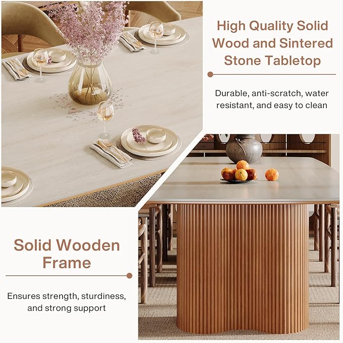 Tribesigns 78.7" Sintered Stone Dining Table for 8-10，Luxury Rectangular Kitchen Table with Solid Wood Legs, Mid-Century Dining Room Table for Living Room