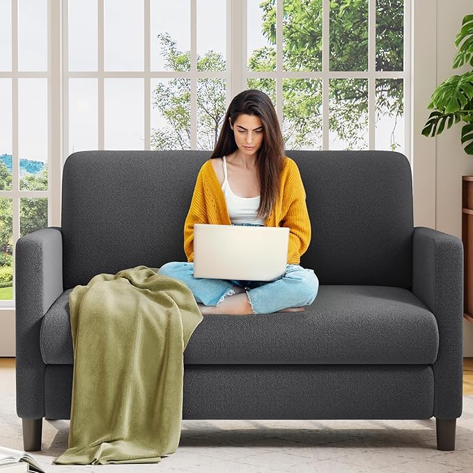 Welzona Loveseat, 51" Small Couch, Comfy Teddy Love Seat for Living Room, Tool-Free Setup Loveseat Sofa for Small Spaces, All-Wood Small Sofa Couch for Bedroom, No Pillow Included, Grey