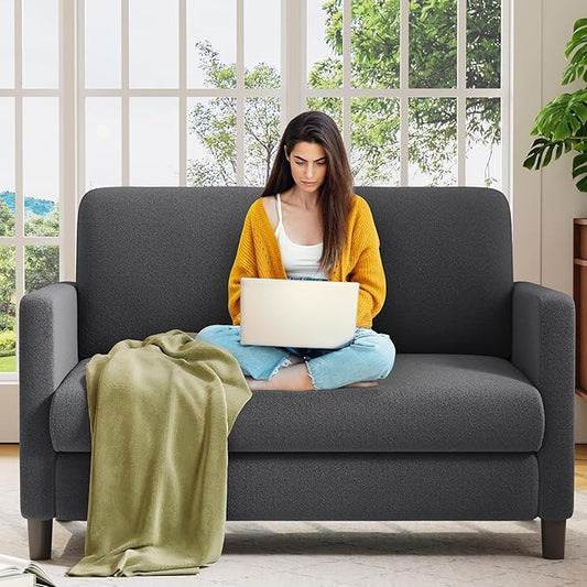 Welzona Loveseat, 51" Small Couch, Comfy Teddy Love Seat for Living Room, Tool-Free Setup Loveseat Sofa for Small Spaces, All-Wood Small Sofa Couch for Bedroom, No Pillow Included, Grey
