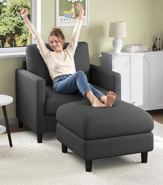 Welzona Sofa Accent Chair with Ottoman, 33" Reading Chair and Ottoman Set for Bedroom, Tool-Free Setup Living Room Accent Chairs, Comfy Arm Chairs Living Room, All-Wood Reading Nook, Grey
