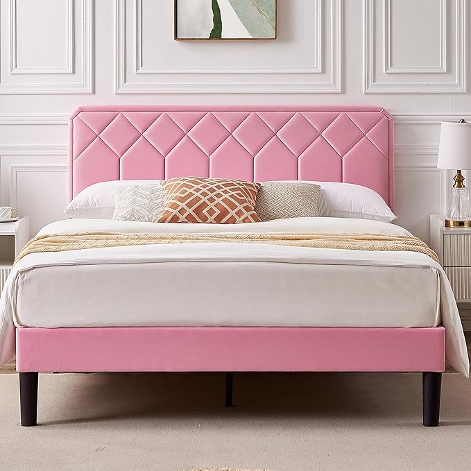 VECELO Queen Size Bed Frame Premium Velvet Upholstered Platform with Height Adjustable Headboard/Mattress Foundation, Solid Wooden Slat Support, No Box Spring Needed/Easy Assembly