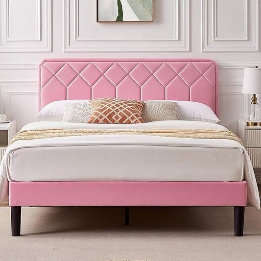 VECELO Queen Size Bed Frame Premium Velvet Upholstered Platform with Height Adjustable Headboard/Mattress Foundation, Solid Wooden Slat Support, No Box Spring Needed/Easy Assembly