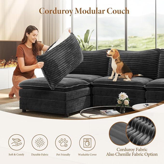 Vesgantti 101" V-Shaped Corner Couch Sectional, 7 Seat Customizable Modular Cloud Couches with Movable Ottoman, Corduroy Deep Seat Sofa Set with Chaise for Living Room, Bedroom and Apartment, Gray | Sink-in Comfort, Height Adjustable, Easy Rearrangemen...