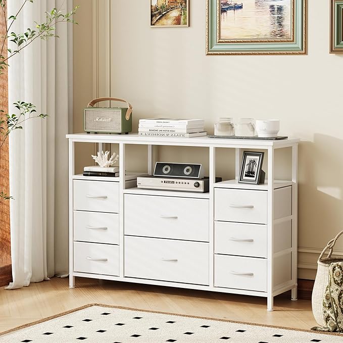8-Drawer Fabric Dresser TV Stand - Sturdy Steel Frame & Wood Top Chest of Drawers, Lightweight Storage Organizer for Bedroom, Closet, Entryway (White)
